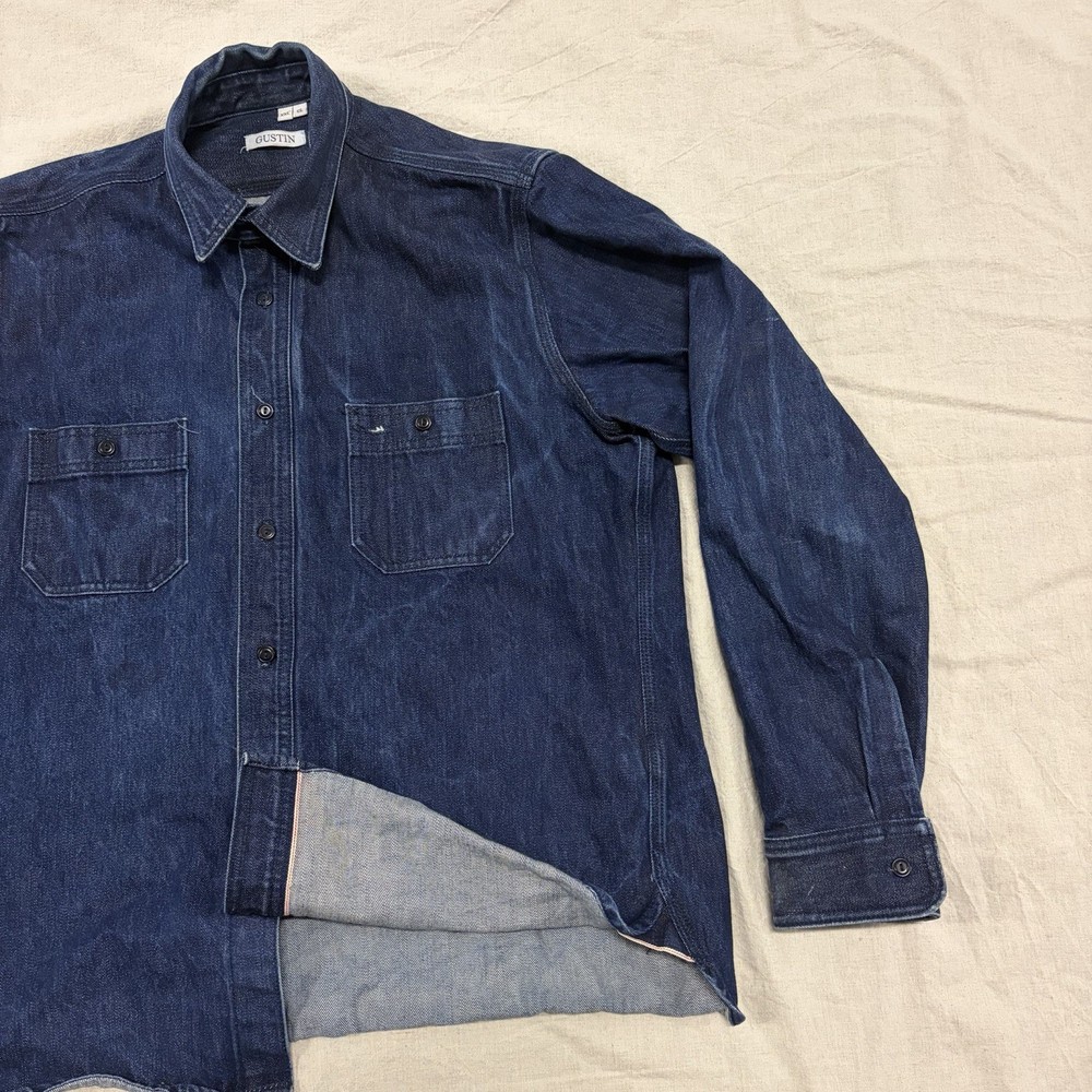 Vintage Gustin Selvedge Work Shirt Mens XXL Dark Wash Japanese USA Chin Strap