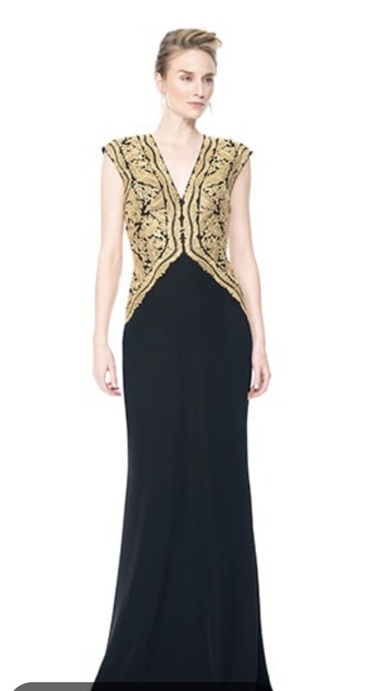 Tadashi Shoji Black W Gold Embroidered Lace. Size 10 Formal Dress