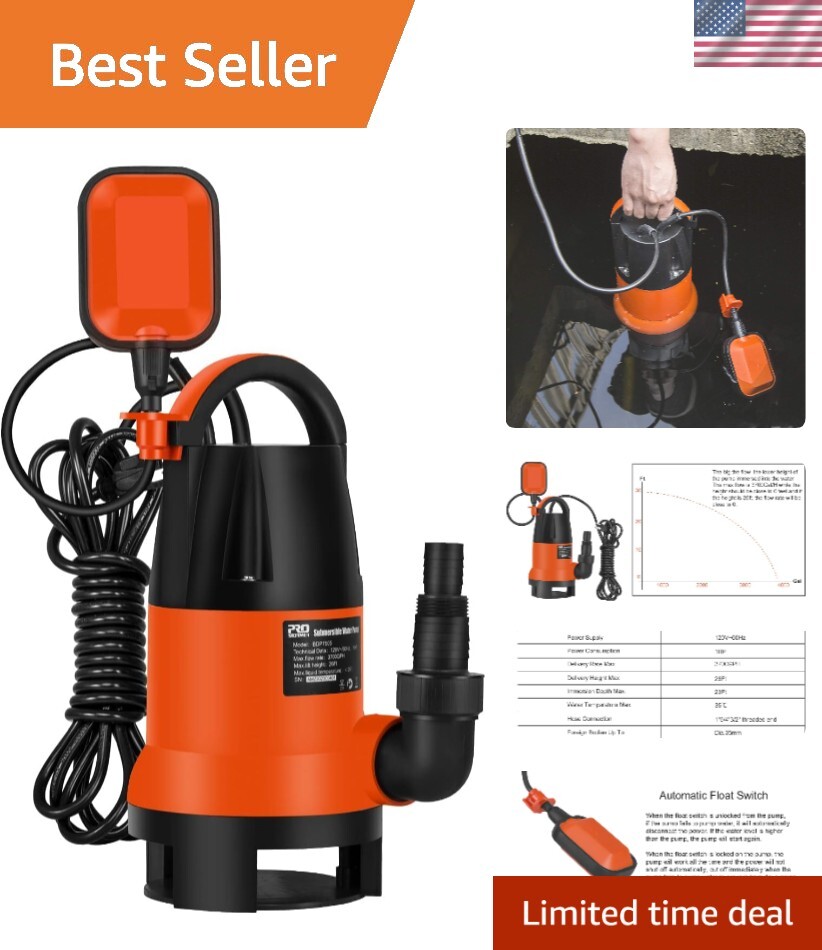 Sump Pump, 1HP 3700GPH Submersible Clean/Dirty Water Pump with Automatic Floa...