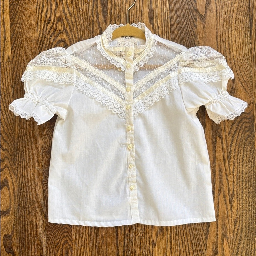 Vintage Gunne Sax Ivory Lace Short Sleeve Kids Top Western Prairie Victorian