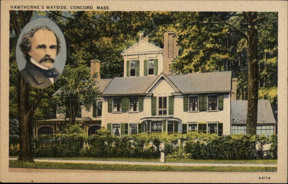 Concord MA Hawthorne's Wayside home two view unused vintage linen postcard
