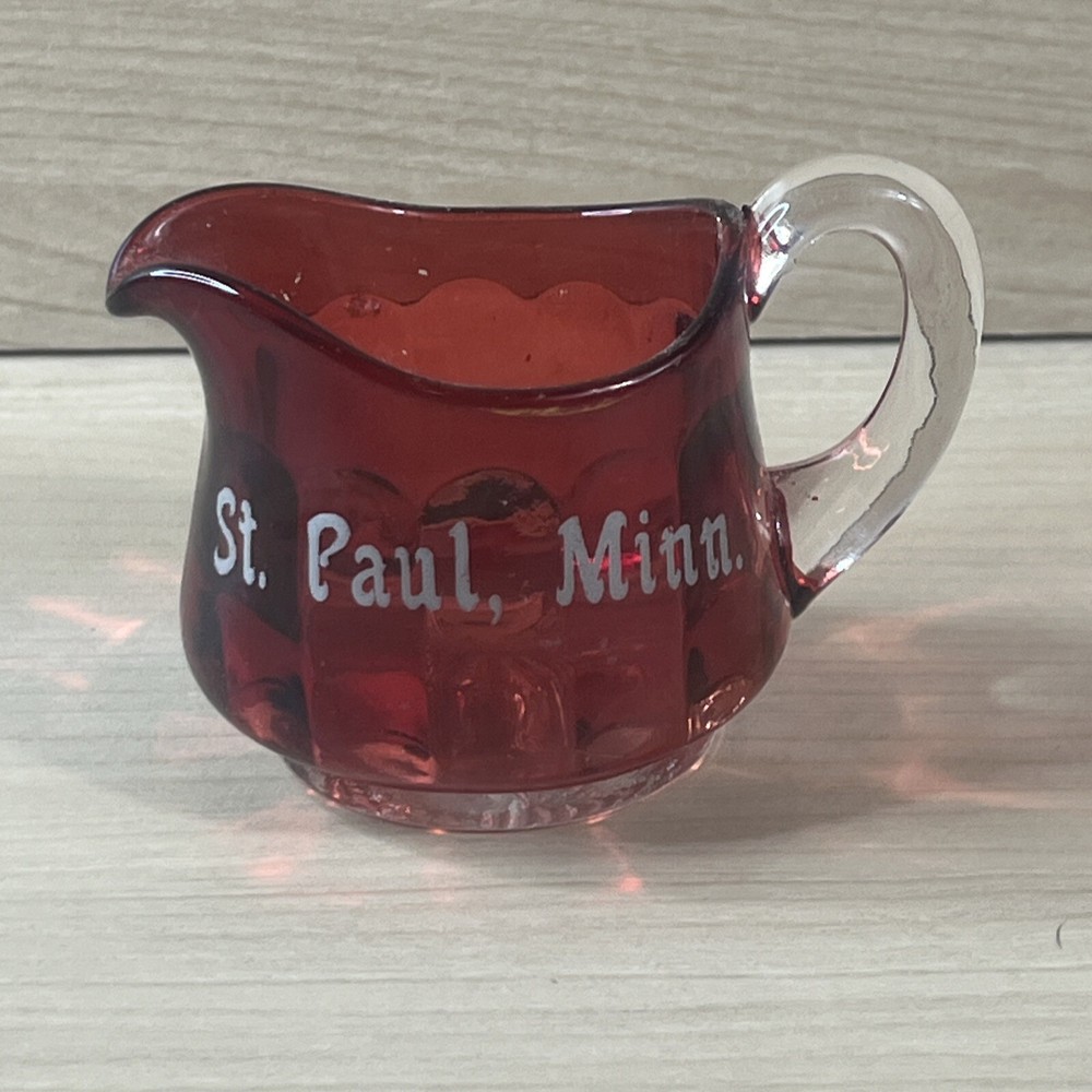 Antique Ruby Red Flash Glass Souvenir St. Paul Minnesota Small Pitcher