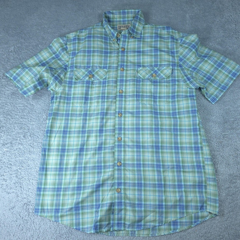 Duluth Trading Co Shirt Mens LT Green Plaid Short Sleeve Button Up Outdoor