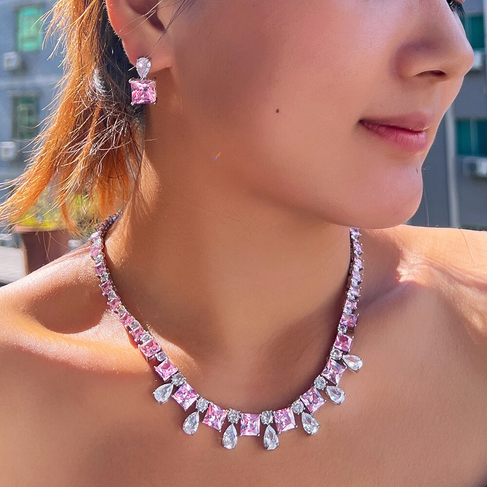 Women Pink Cubic Zirconia Wedding Jewelry Set Silver Plated CZ Earrings Necklace