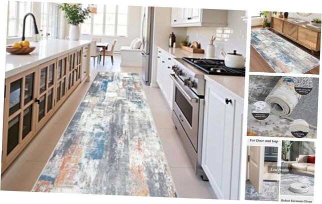 Abstract Thin Washable Hallway Runner Rug 2.6x8 Multicolor Gray-image