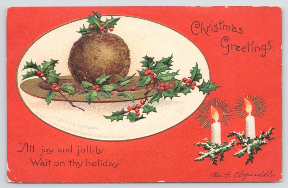 International Art Pub Co~51342~PM 1908~Clapsaddle~Christmas Greetings~Vintage PC