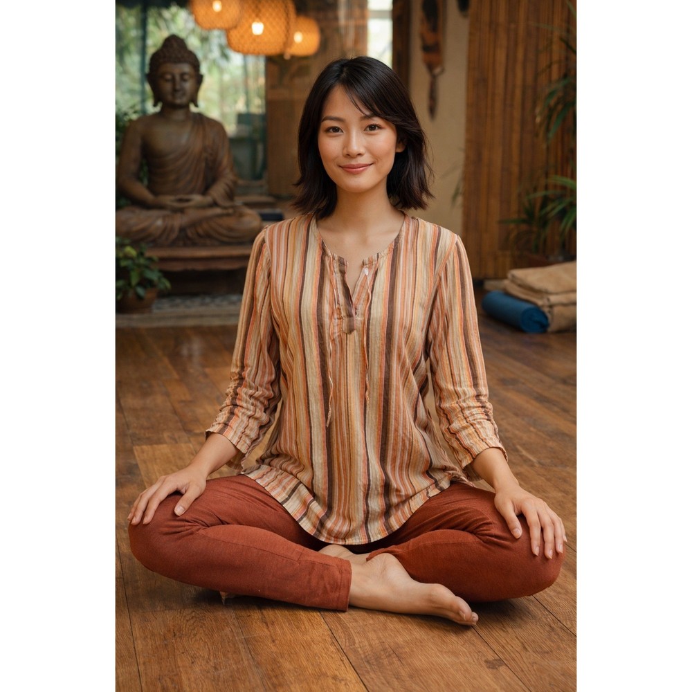 Athleta Women's Boho Yoga Pullover Striped Tunic Split Neck Long Sleeve Size M
