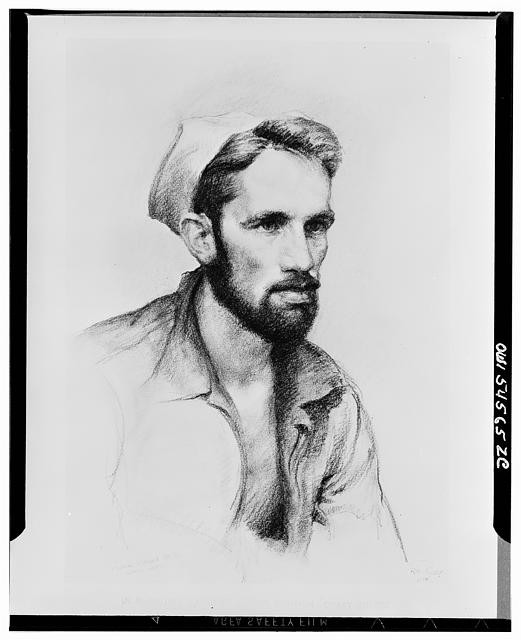 Photo:Bearded Sailor Portrait Sketch 1900s Charcoal Drawing ???????