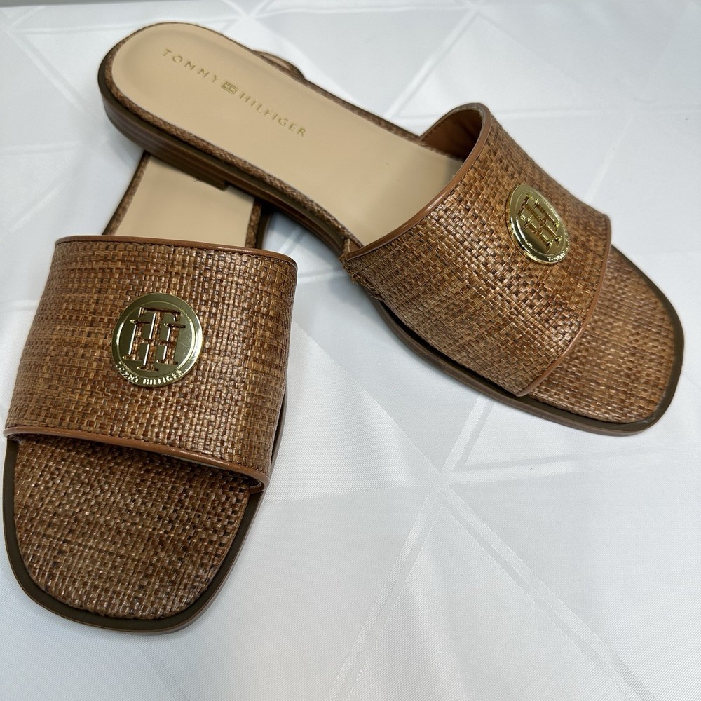 Tommy Hilfiger Womens Pipper Logo Flat Raffia Slide Sandals Brown Size 10M New