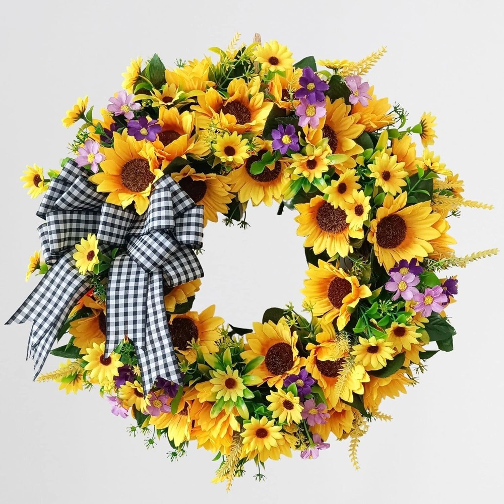 Sunflower Wreaths for Front Door, 18 Inch Yellow Spring and Summer Door Wreath