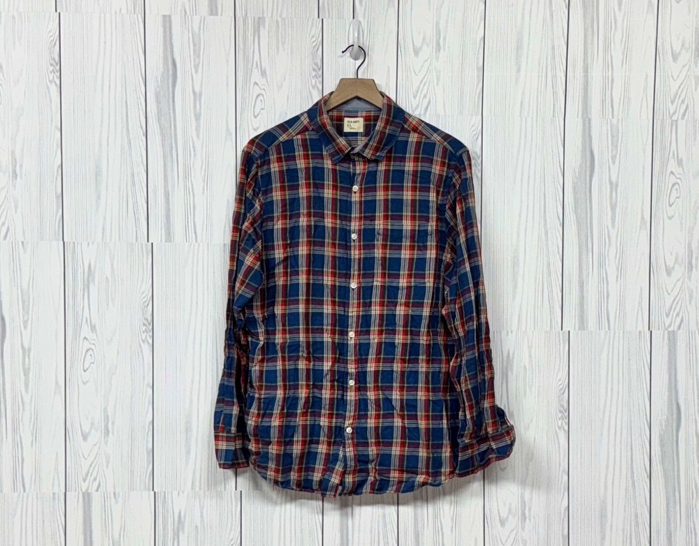 Old Navy plaid shirt mens size large button up long sleeve blue cotton