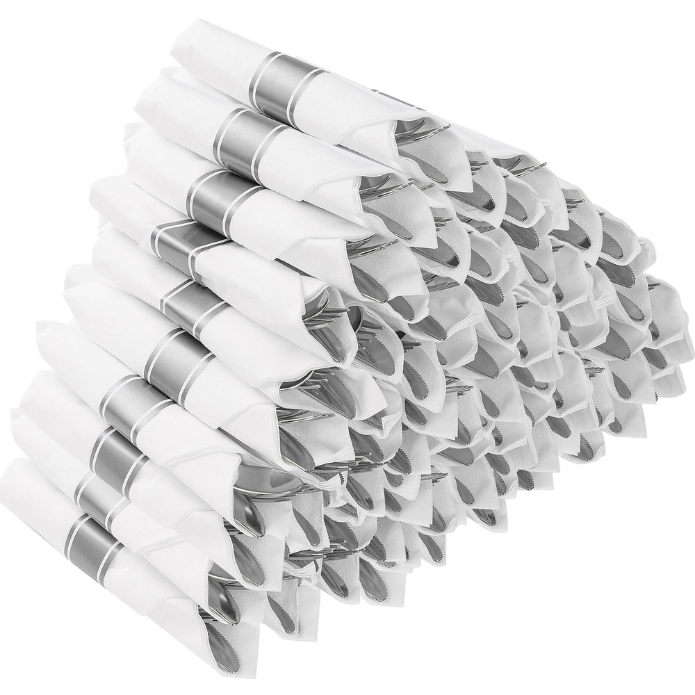 Goodluck 50-Pack Pre-Rolled Silver Plastic Cutlery Set with Wrapped Forks Spoons Knives  