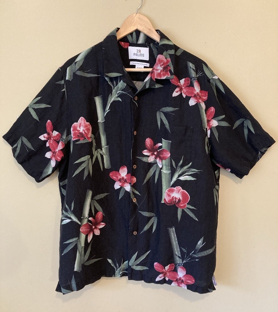 28 Palms Men’s XL Button Down Hawaiian Shirt  Black Floral Tropical Beach