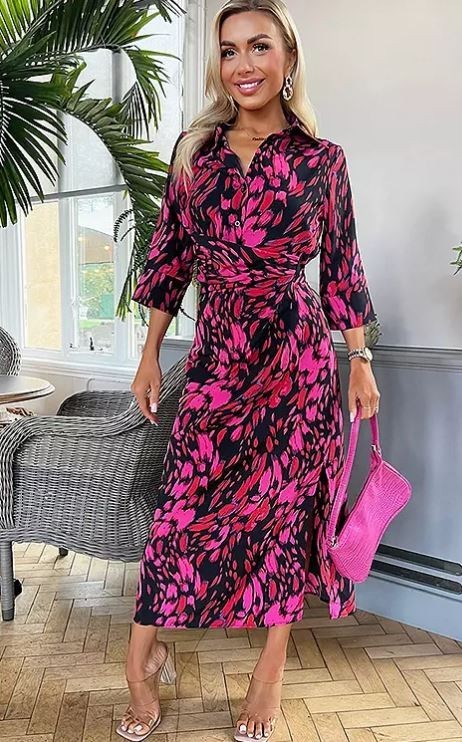 Ax Paris Printed Midi Shirt Dress in Pink & Red UK 8 (fmn29-2)