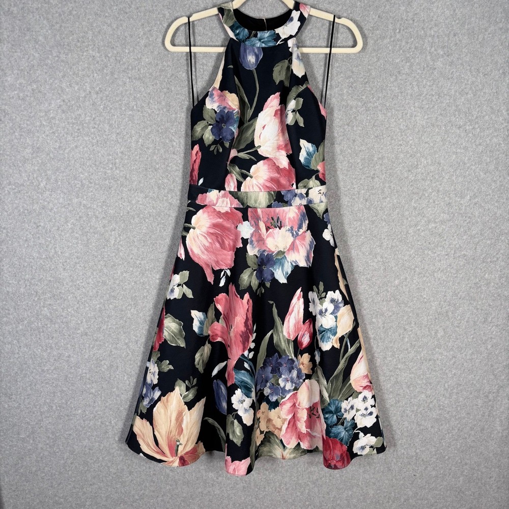 Miss Selfridge Dress US4 Dark Floral Halter Crochet Romantic Feminine Flare