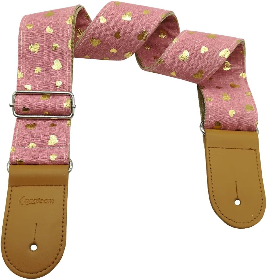 Girls Guitar Strap Pink Cotton Heart Pattern Electric Acoustic Guitar Bass Music