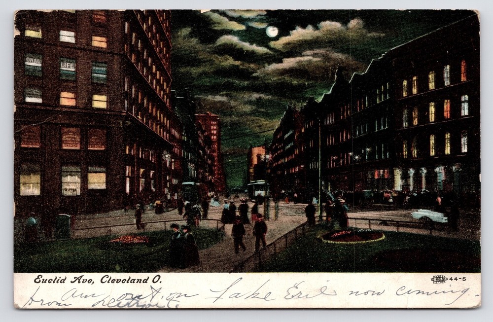 c1908~Euclid Ave at Night~Downtown~Full Moon~Cleveland Ohio OH~Antique Postcard