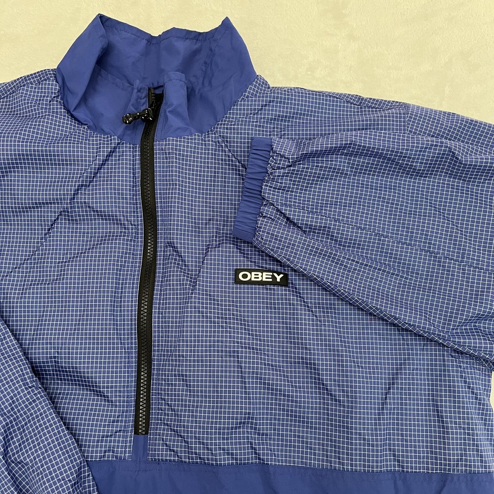 Obey Jacket Mens XL Blue Nore Pop Over Anorak Fleece Lined Pullover 1/2 Zip