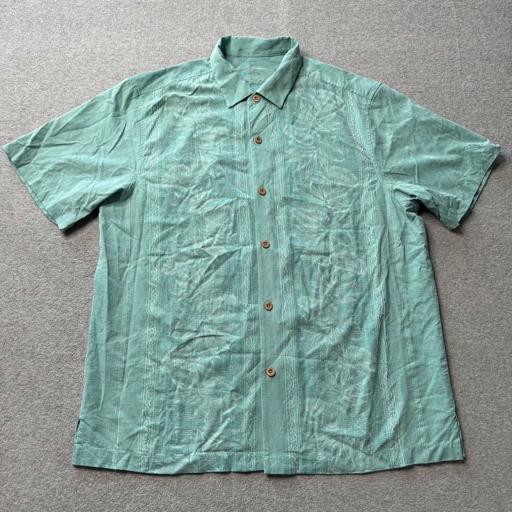 Tommy Bahama Shirt Mens Large Green Floral Print Silk Hawaiian Tropical Adult