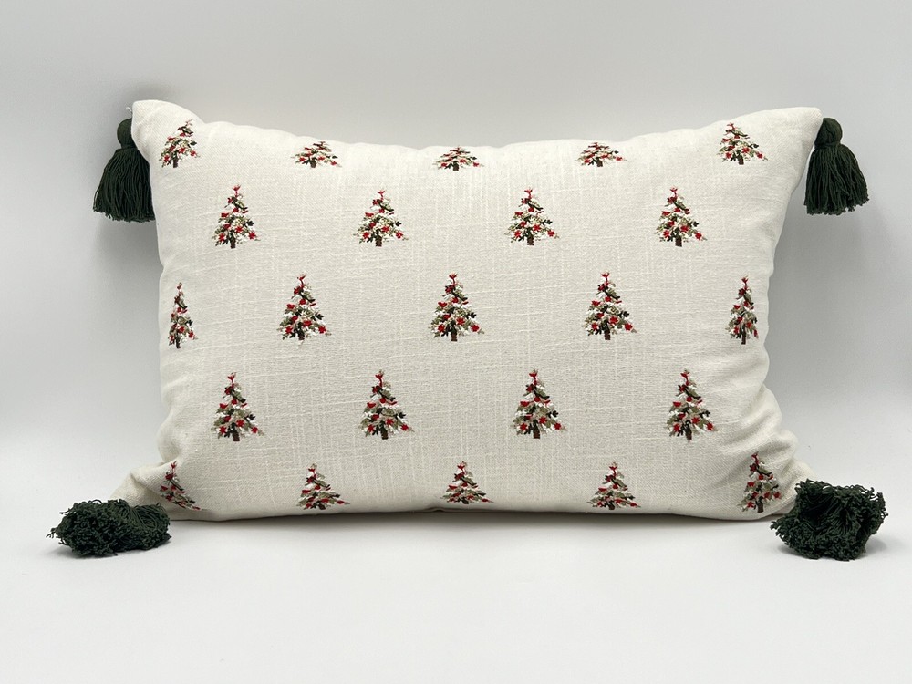 Celerie Kemble Throw Pillow Christmas Trees With Tassels Off White 20”x12”