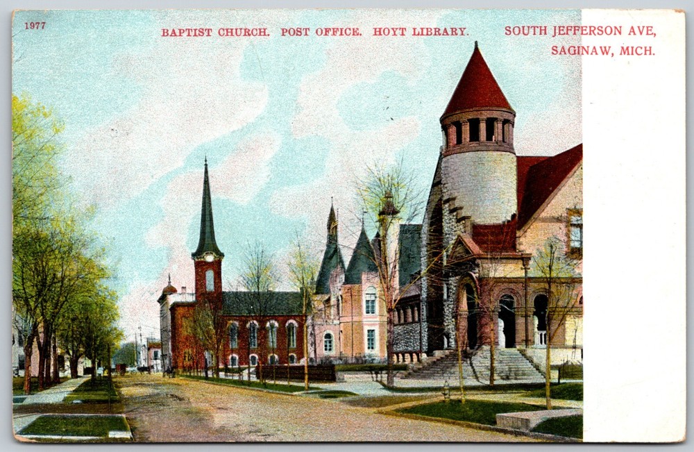 1908 Baptist Church Hoyt Library Saginaw Michigan ANTIQUE Postcard 8235