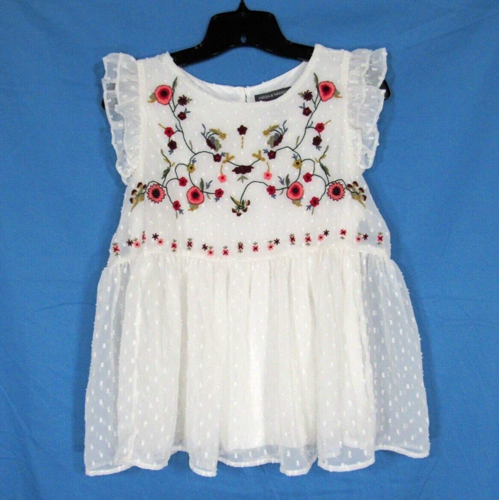 CHELSEA & THEODORE White SWISS DOT Lined Chiffon EMBROIDERED Babydoll Tank Top S