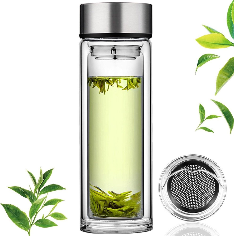 12oz Double-Walled Borosilicate Glass Travel Cup Leakproof Insulated