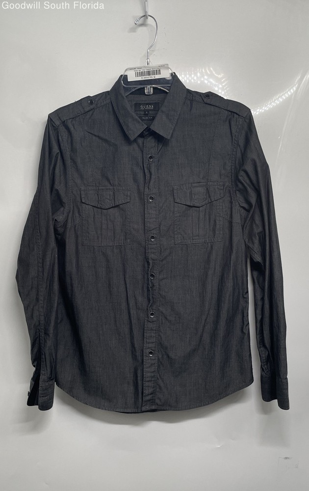 Guess Mens Black Cotton Slim Fit Collared Long Sleeve Button-Up Shirt Size S