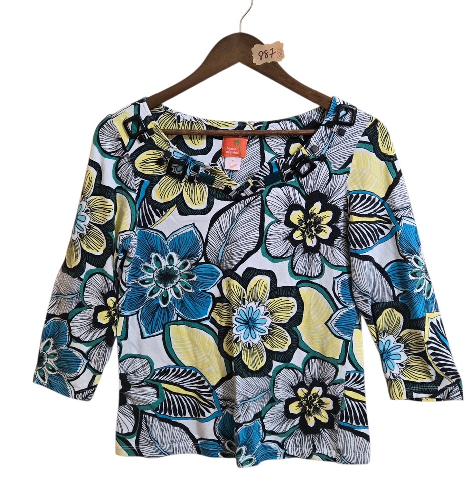 Hearts of Palm Women's Floral Blouse SZ SM Beaded Neckline 3/4 Sleeve