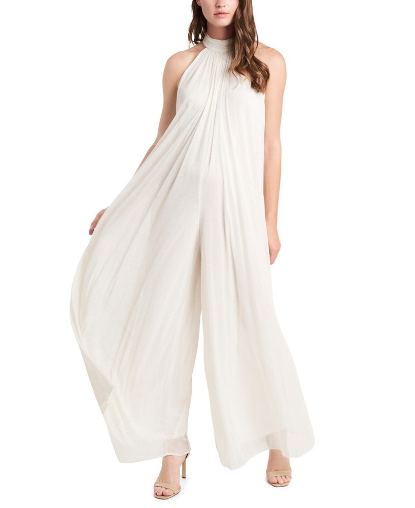 MSK High-Neck Sparkle-Mesh Wide-Leg Jumpsuit