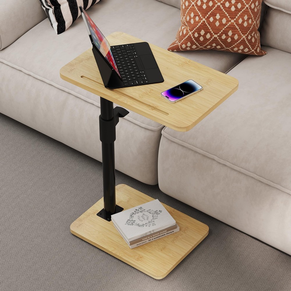 360° Swivel Bamboo Sofa Armrest Tray - Adjustable Height Side Table for TV Snacks