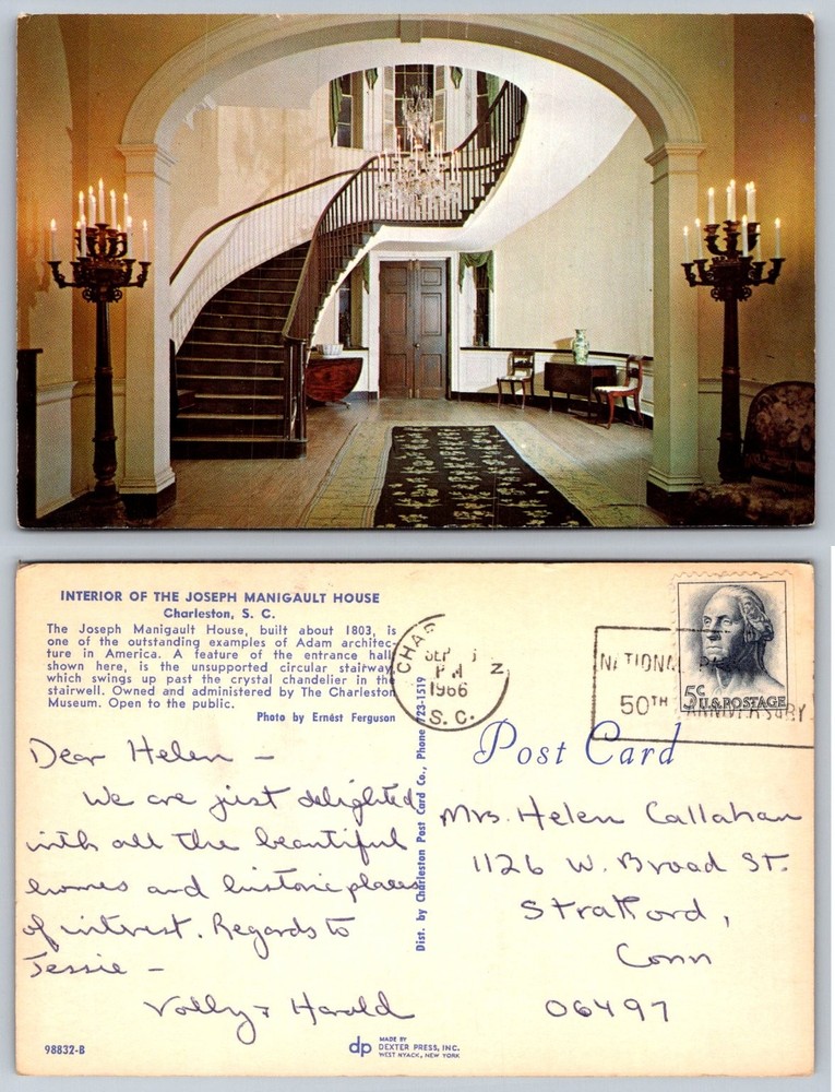 1966 Joseph Manigault House Charleston SC Adam Architecture Stairway Postcard