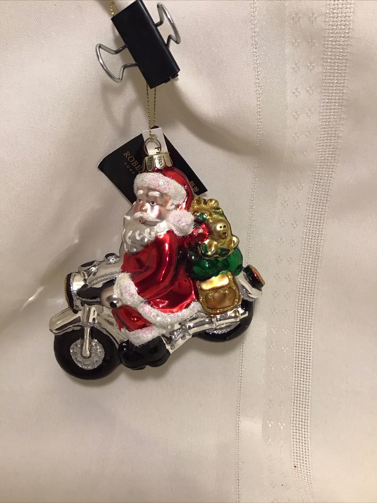 Robert Stanley Blown Glass Santa on Motorcycle Christmas Ornament Silver Glitter