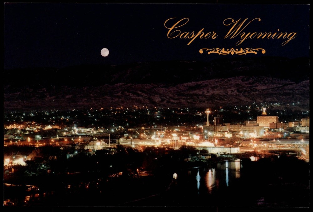 Casper Wyoming glittering night view full moon unused vintage postcard sku363