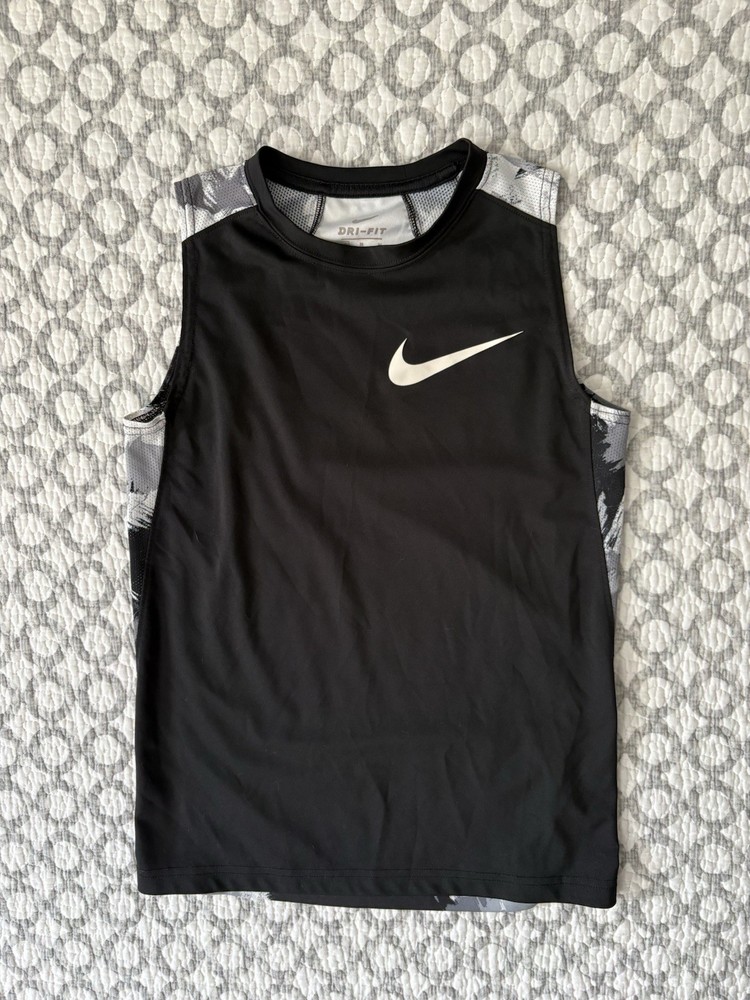 Nike Boys Dri Fit Sleeveless Tank Shirt Black Gray Camo Size Medium