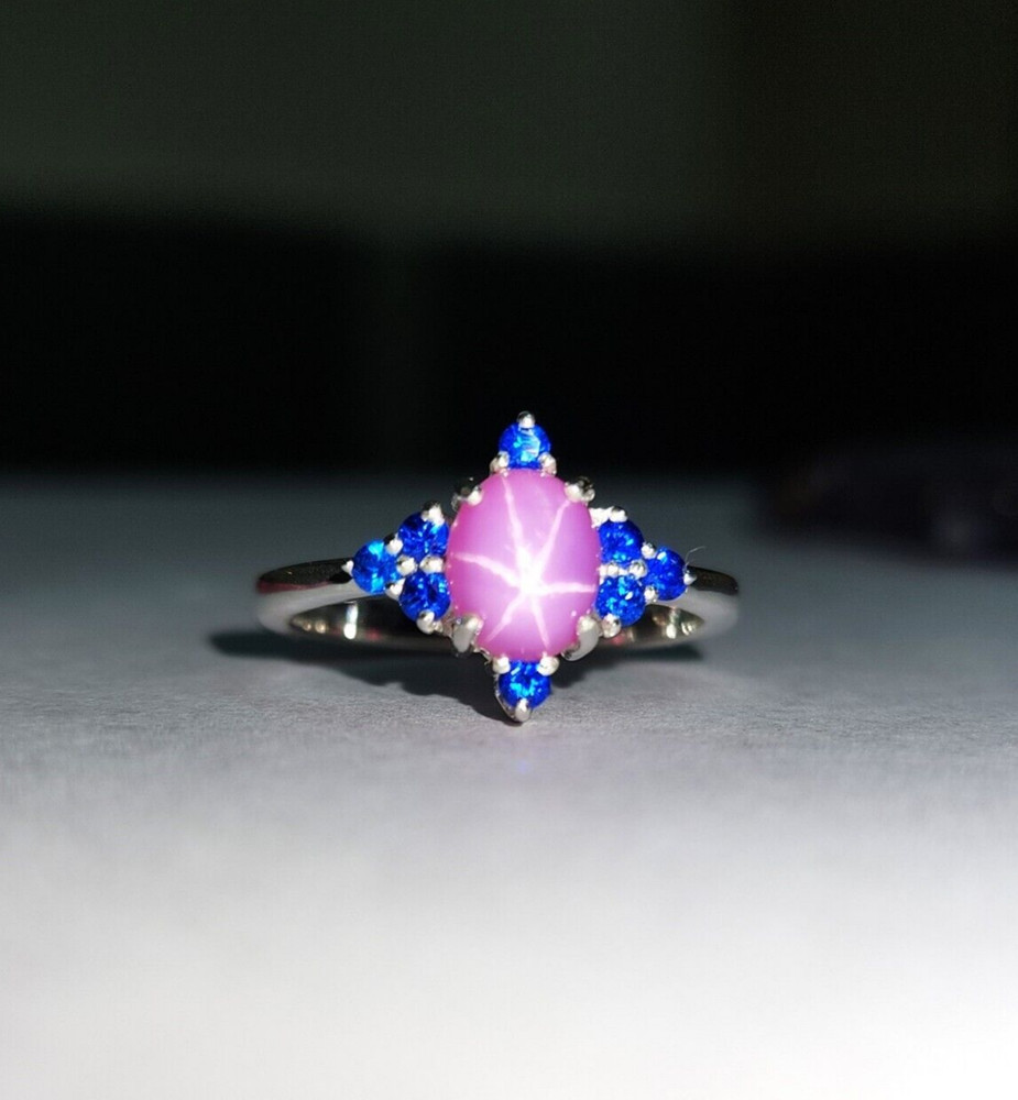 Lab Created Lindy Star Ruby & Blue Cz Diamond Ring 925 Sterling Silver Hand Work