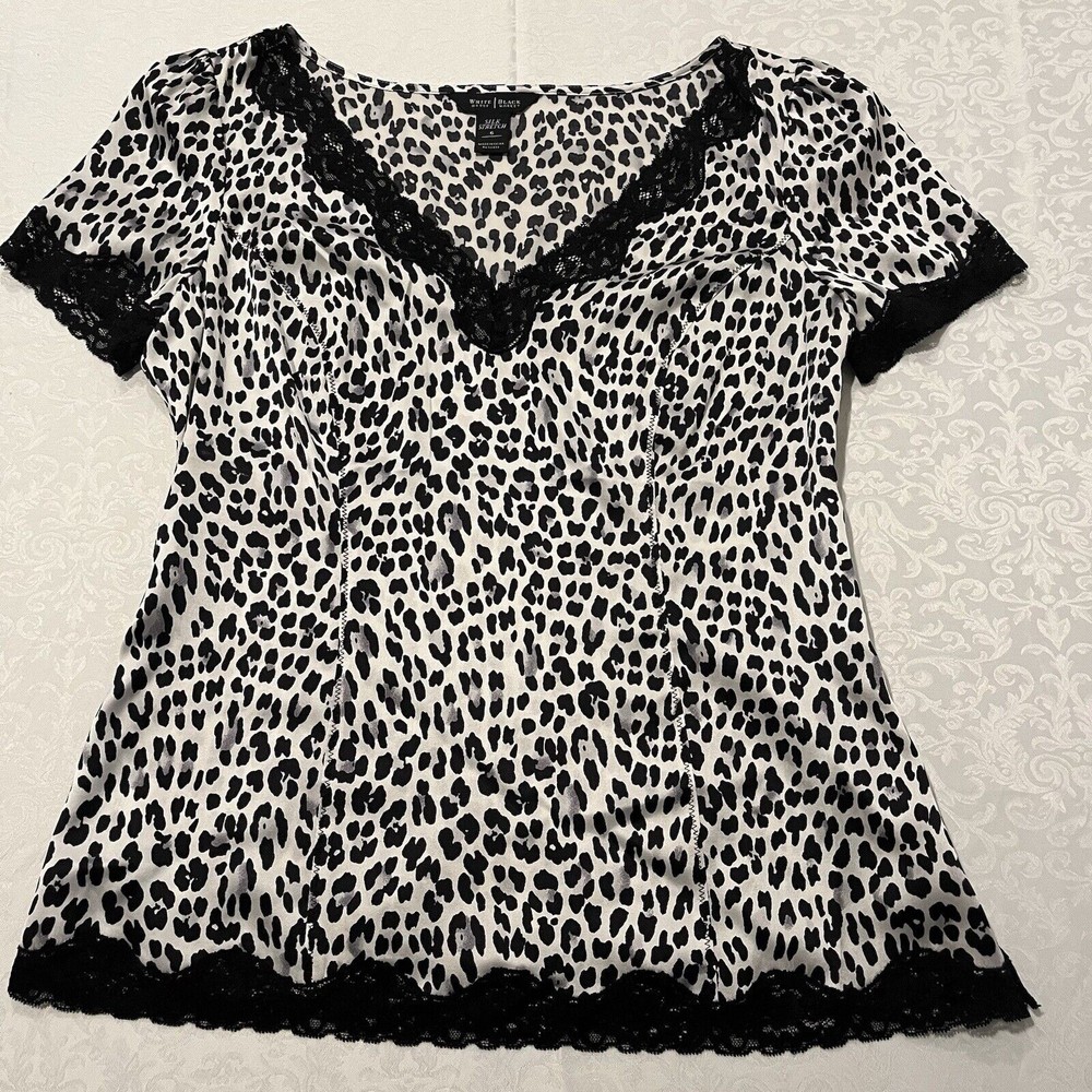 White House Black Market Sz 6 Animal Print Silk Lace Blouse/Top Side Zip Stretch
