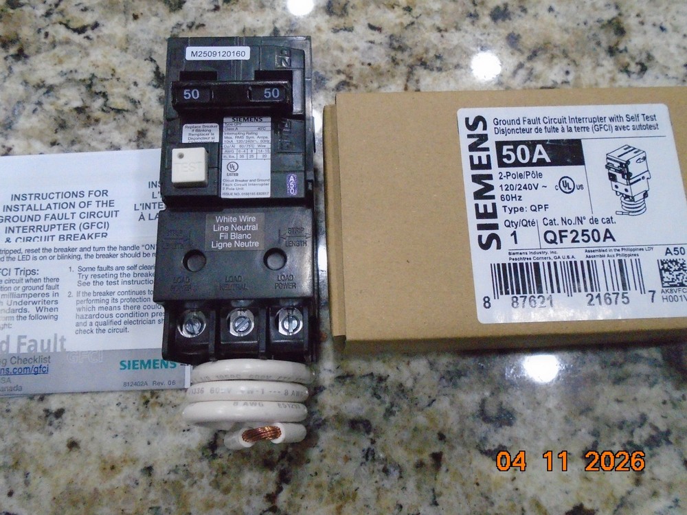 Siemens 50Amp 2Pole Qf250A Ground Fault Circuit Interrupter New In Box Free Ship