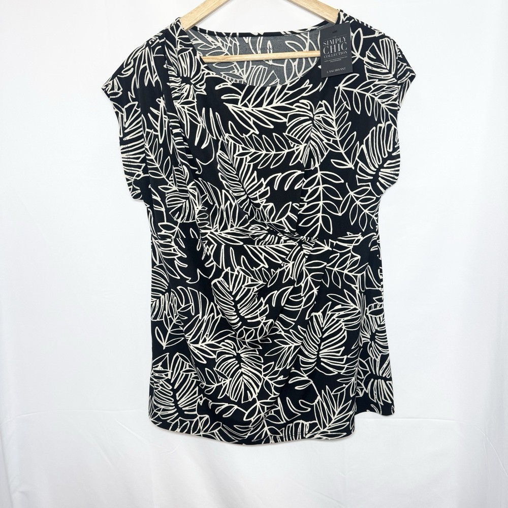 Lane Bryant Simply Chic 14/16 Stretch Knit Ruched Top Black White Palm Print