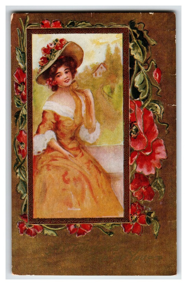 Vintage Embossed Valentine's Day Postcard with Elegant Lady Flowers Winsch Back