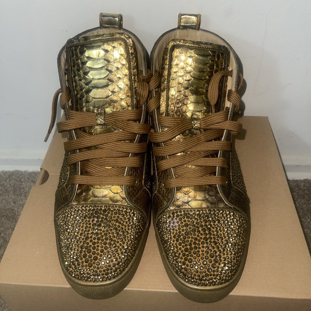 Size 44 1/2 Christian Louboutin Bronze Python Leather And Crystal Sneakers Worn