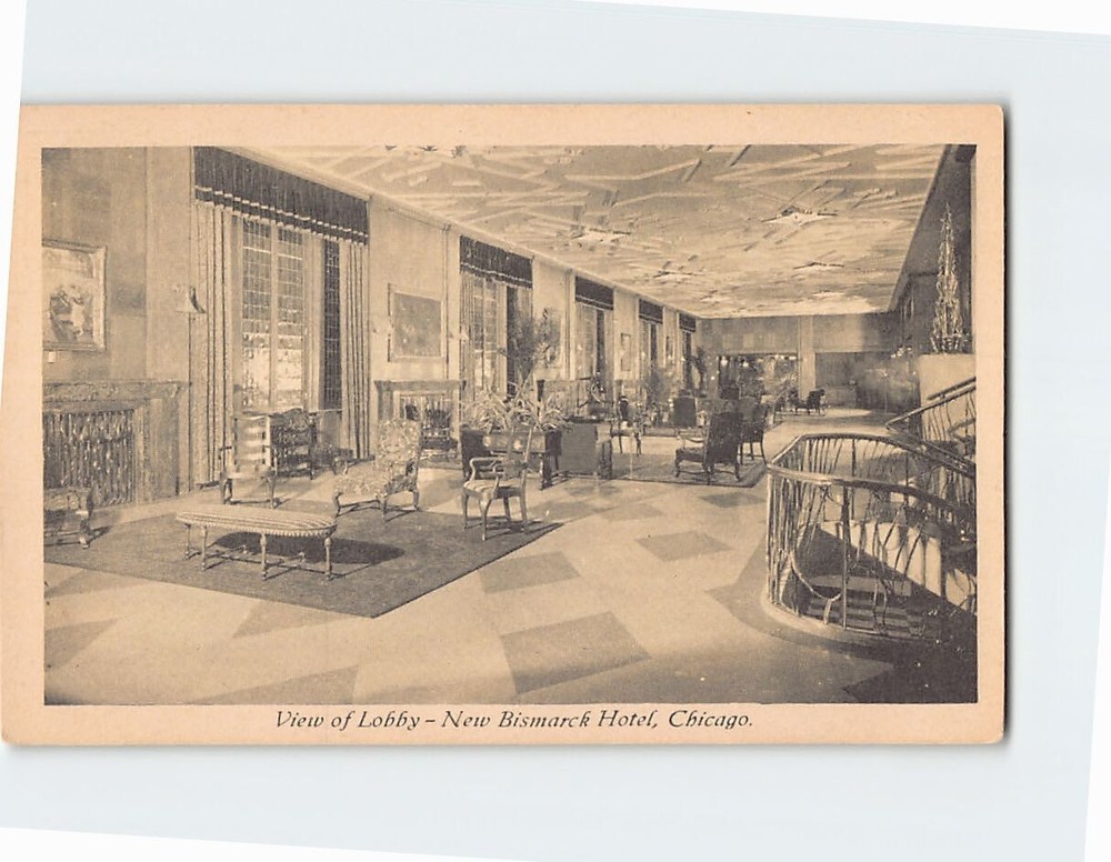 Postcard View of Lobby New Bismarck Hotel Chicago Illinois USA