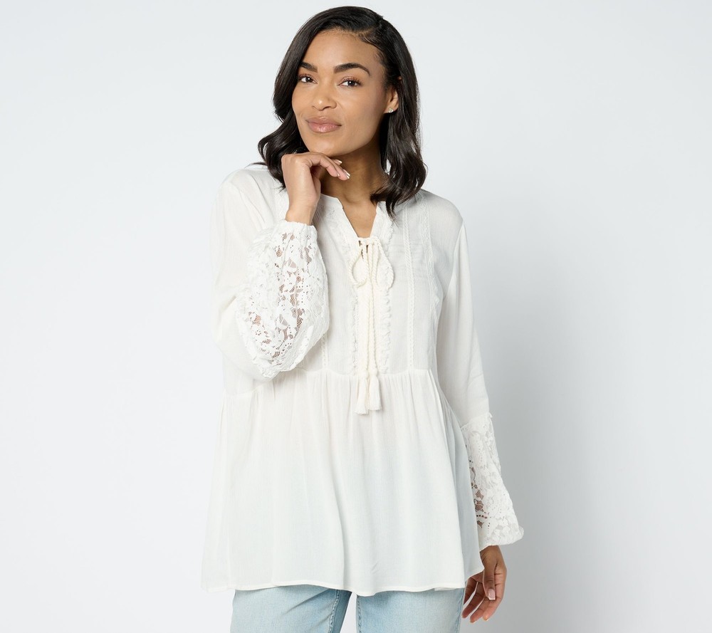 Susan Graver Women's Top Petite 2XP PURE Sheer Crinkled Gauze Lace White A649297