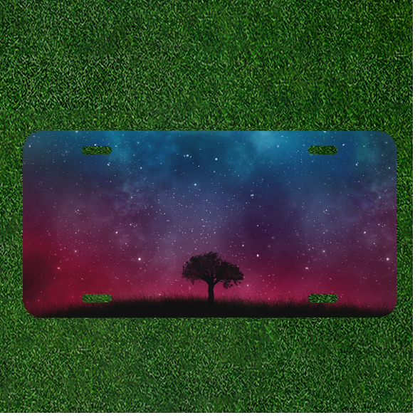 Custom Personalized Auto Tag With Lonely Tree In Night Time Space Design