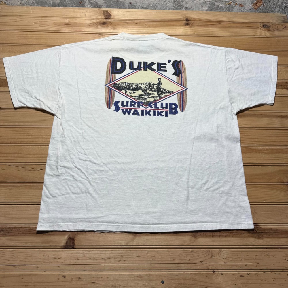 Vintage 90s Duke's Surf Club Waikiki Hawaiian Beach Graphic Promo T-Shirt USA XL