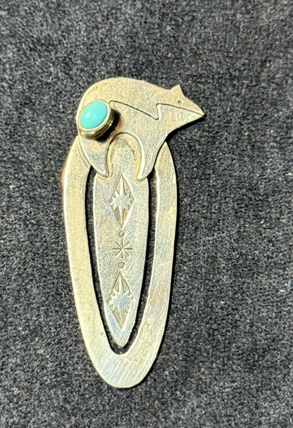 Vtg Sterling Silver Bookmark Turquoise Stone Bear Motif Artist Signed Desbah