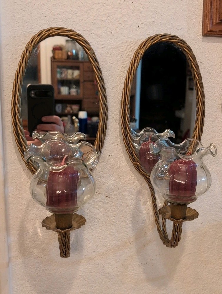 Vtg Pair Twisted Rope Mirrored Sconces Candle Holders MCM Hollywood Regency Gold