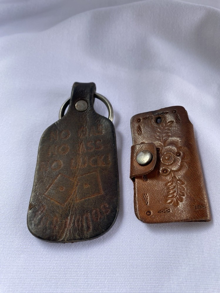 Vintage Key Chains Set Of 2 ,Leather Hand Made (1)Tooled (1) No Gas, A**, Luck