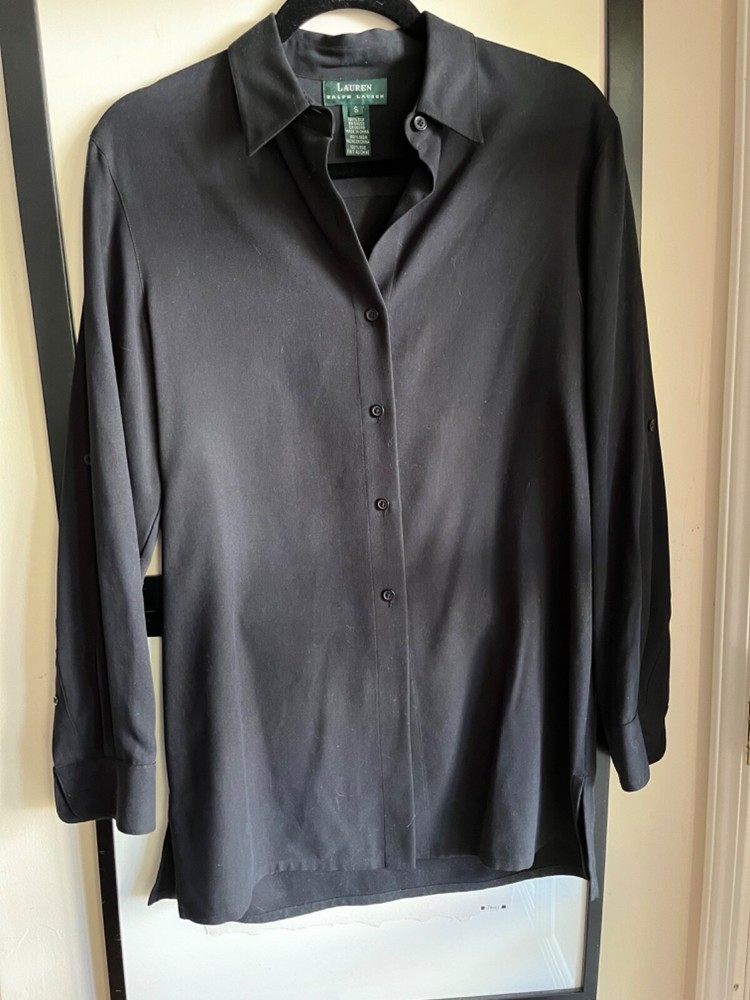 Lauren Ralph Lauren S black heavy silk button front blouse/tunic 2 way sleeves