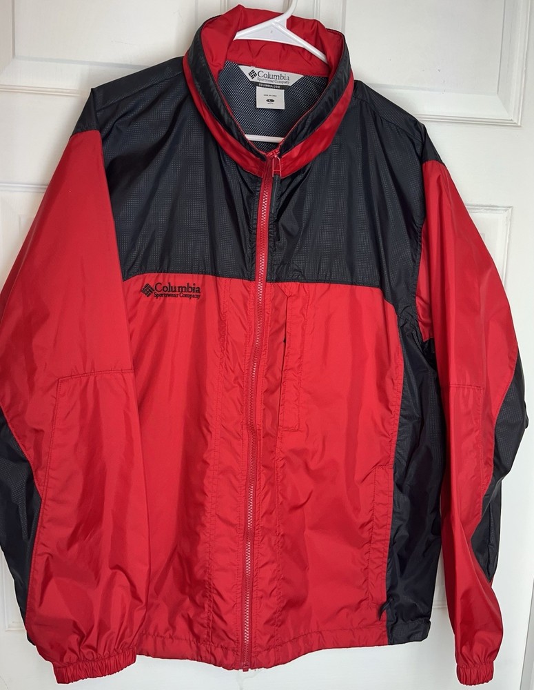 Columbia Packable Wind Rain Jacket Hooded Full Zip Red Black Men’s Large